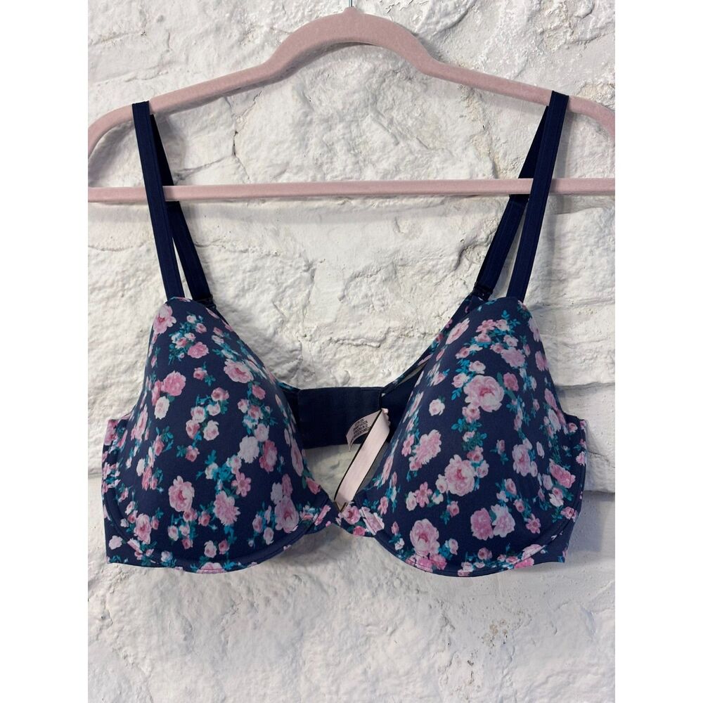 Victoria's Secret Lined Demi Bra 36DDD Navy Pink Floral Underwire T-Shirt Bra